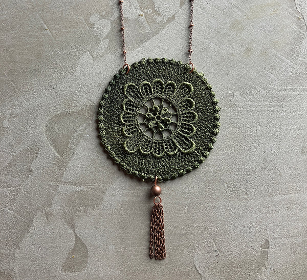 cosima olive lace tassel necklace